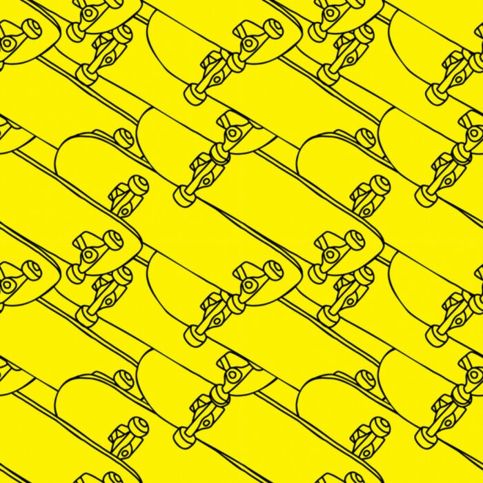 Sticker skateboard in outline style hand drawing vector illustration seamless pattern isolated in yellow background
