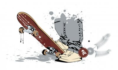 Sticker skateboard met zijn voeten in sneakers en jeans