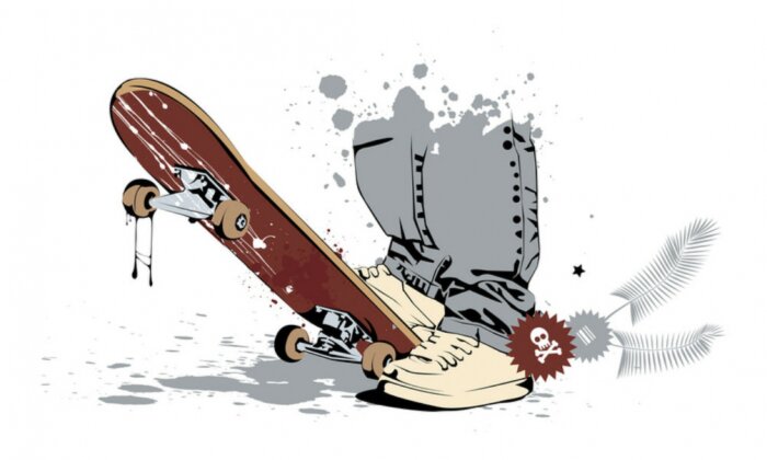 Sticker skateboard met zijn voeten in sneakers en jeans