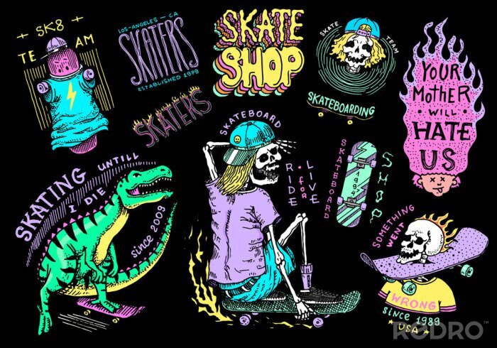 Sticker Skateboard shop stickers set. Dinosaur and skeletons ride on the boards badges. Fiery head and skull. Vintage retro labels for t-shirts and typography. Hand Drawn engraved sketch.