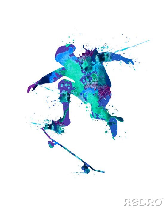 Sticker Skateboarder. Blauwe verfplons