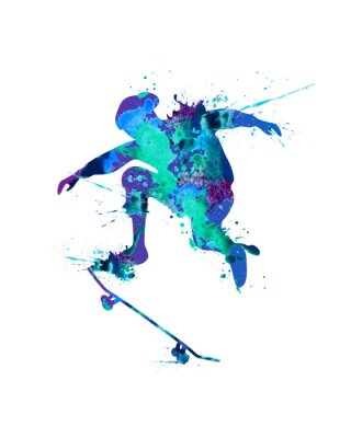 Sticker Skateboarder. Blauwe verfplons