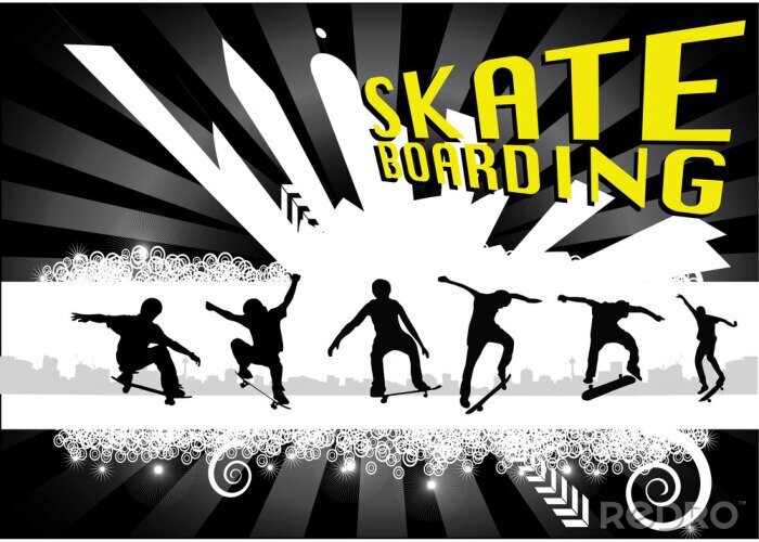 Sticker skateboarders op abstracte stad achtergrond