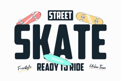 Sticker Skateboarding t shirt print with slogan. Skate board graphics for tee shirt. Skateboard apparel typography. Vector illustration.