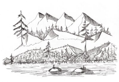 Sticker Sketch of wild Landscape with Mountains Hill and River, hand drawn illustration by Ink 