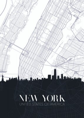 Sticker Skyline and city map of New York, detailed urban plan vector print poster