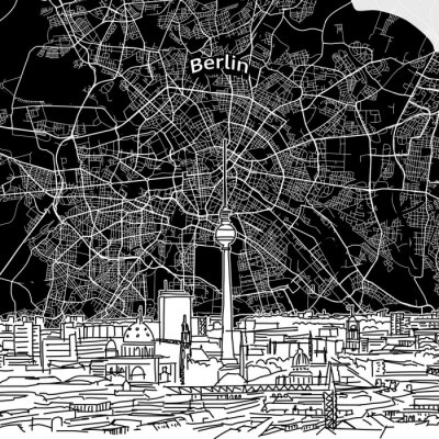 Sticker Skyline van Berlijn met kaart