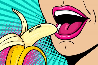 Sticker Sluit omhoog van sexy open vrouwelijke mond etend banaan met het zoete banaan van letters voorzien. Vector kleurrijke achtergrond in komische retro pop-artstijl.