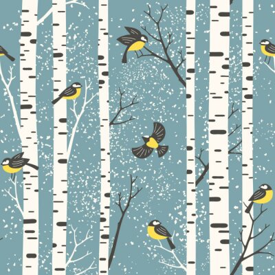 Sneeuwberkbomen en vogels op lichtblauwe achtergrond. Naadloos vectorpatroon. Perfect voor stof, behang, cadeaupapier of postkaartontwerp.
