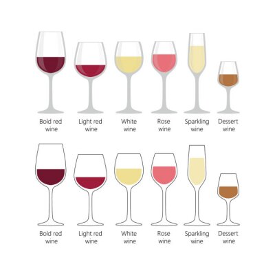 Soorten wijnglazen ingesteld. Kleurrijke volle wijnglazen voor lichtrode, gewaagde rode, witte, mousserende wijn op witte achtergrond.
