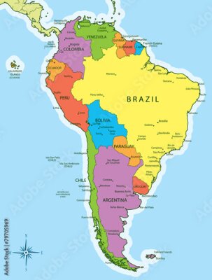 Poster South America map countries and cities