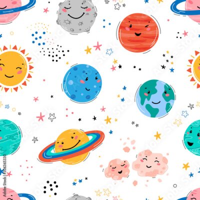 Sticker Space Seamless Pattern with Planets Solar System, Sun, Meteorite and Stars. Doodle Cartoon Cute Planet Smiling Face. Space Vector Background for Kids t-shirt Print, Nursery Design, Birthday Party