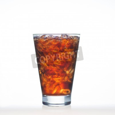 Sticker Sparkling cola drinks whit soda and ice in glass isolated on white