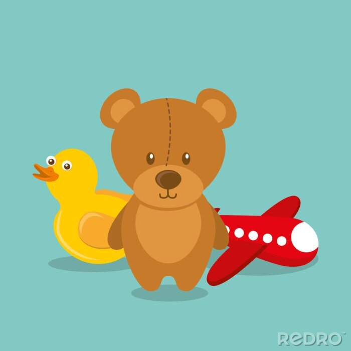 Sticker speelgoed voor kinderen teddy rubber duck en vliegtuig retro vectorillustratie