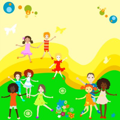 Sticker Spelende kinderen op een gekleurde achtergrond
