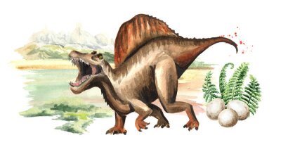 Spinosaurus op een aquarel landschapsachtergrond