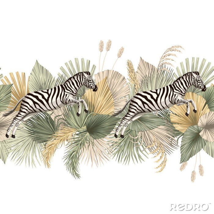 Sticker Springende zebra's tegen de achtergrond van tropische vegetatie