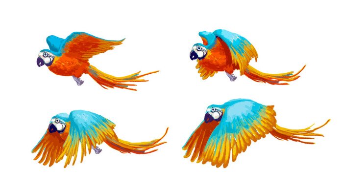 Sticker Sprite sheet of flying parrot, game art animation