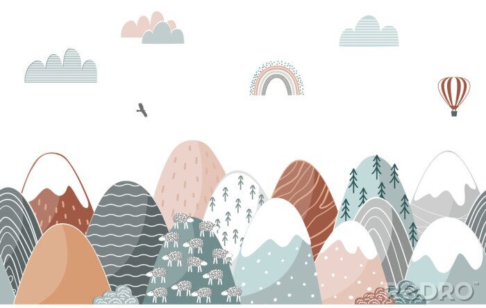 Sticker Sprookjesachtig berglandschap in Scandinavische stijl