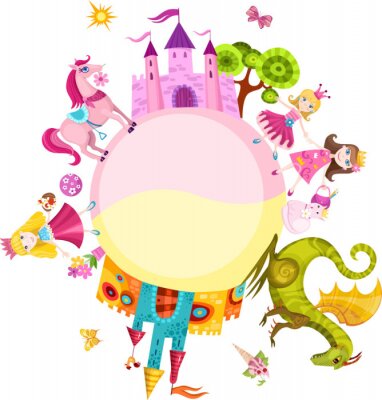 Sticker Sprookjesachtige planeet met kastelen van prinsesdraken