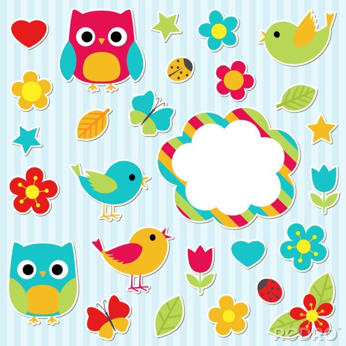 Sticker Sprookjesachtige uilen en kleurrijke vogels