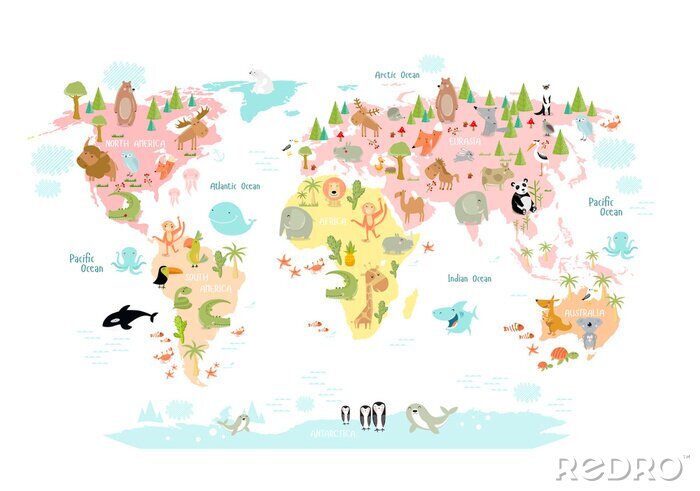 Sticker Sprookjesdieren op een wereldkaart
