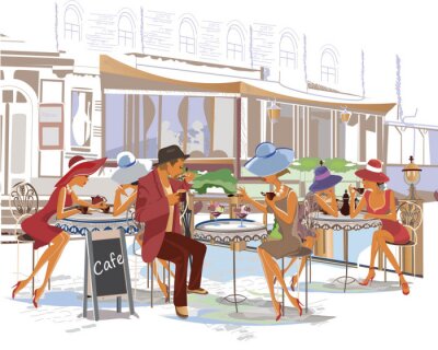 Stadscafé met vrouwen in hoeden