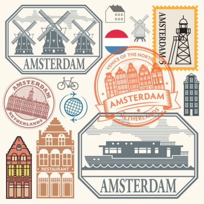Sticker Stamps or symbols set with words Amsterdam, Netherlands
