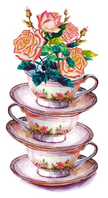 Sticker Stapel kopjes en bloemen