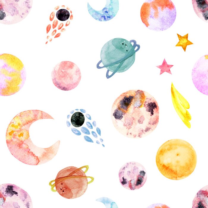 Sticker Stars in night sky background, space watercolor pattern. Space Galaxy constellation seamless pattern.hand drawn cosmic elements.