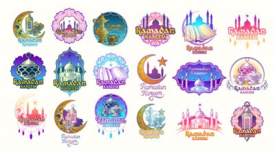Sticker Stel vector kleurenillustraties, badges, emblemen voor Ramadan Kareem. Grote kleur set van ontwerpelementen voor Ramadan groet