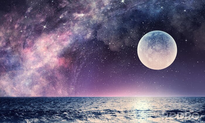 Sticker Sterrenhemel, nevels en maan boven de zee abstract