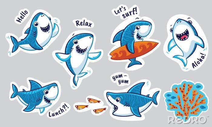 Sticker Sticker met grappige haaien in cartoon stijl. Vector illustratie