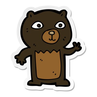 Sticker sticker of a cartoon waving black bear cub