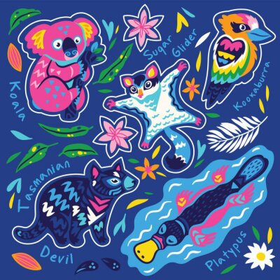 Sticker Sticker set of decorative australian animals stickers, badges, icons, patches, design elements. Vector illustration