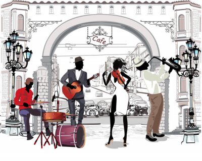 Straatmuzikanten in de stad. Jazzband. Hand getekende vectorillustratie met retro gebouwen.
