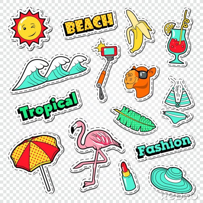 Sticker Strandvakantie Stickers Set. Tropische Vakantie Doodle Met Flamingo, Bikini En Cocktail. Vector illustratie