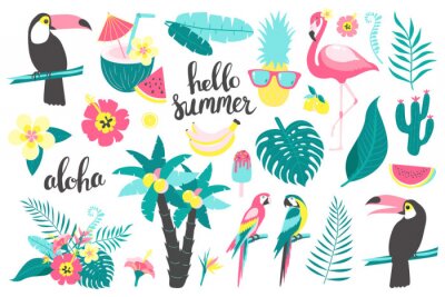 Sticker Summer set of design elements tropical leaves, flowers, fruits, flamingos, toucan, parrot. Vector illustration