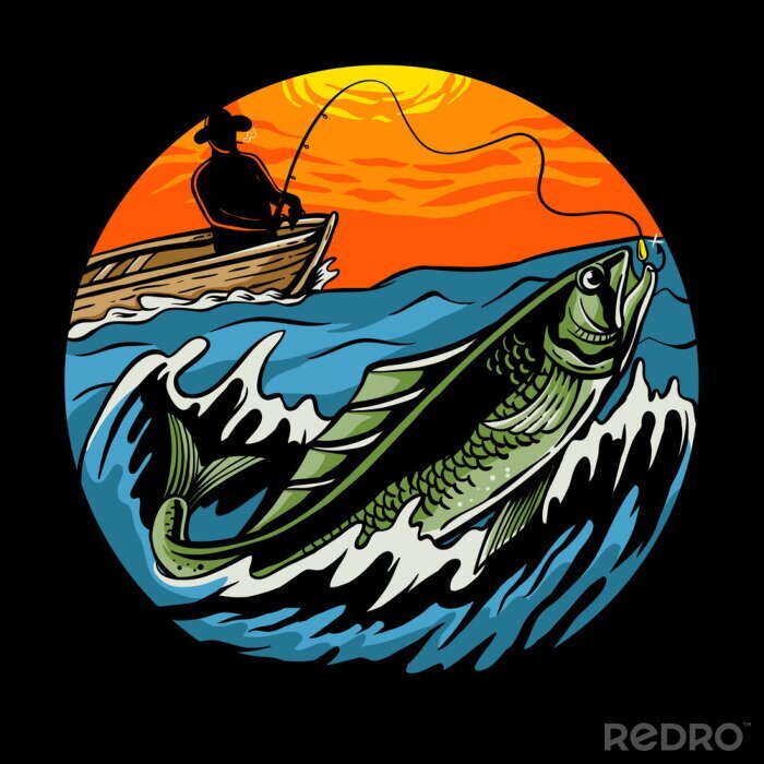 Sticker Sunset fishing illustration. Fisherman on wooden boat with a fishing rod pulls a fish vector for tshirt design, poster, web, sticker, or wallpaper