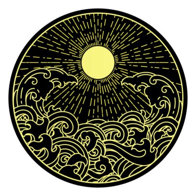 Sticker sunshine and water wave in round shape.Oriental symbolic illustration.