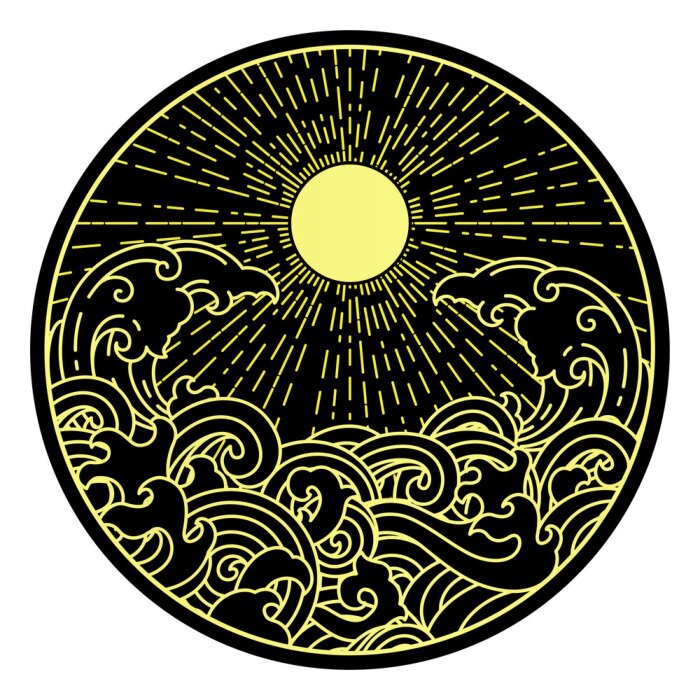 Sticker sunshine and water wave in round shape.Oriental symbolic illustration.