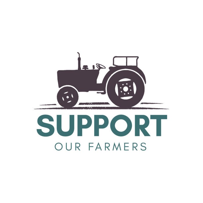 Sticker Support our farmer logo template. Farming badge with tractor. Stock vector badge