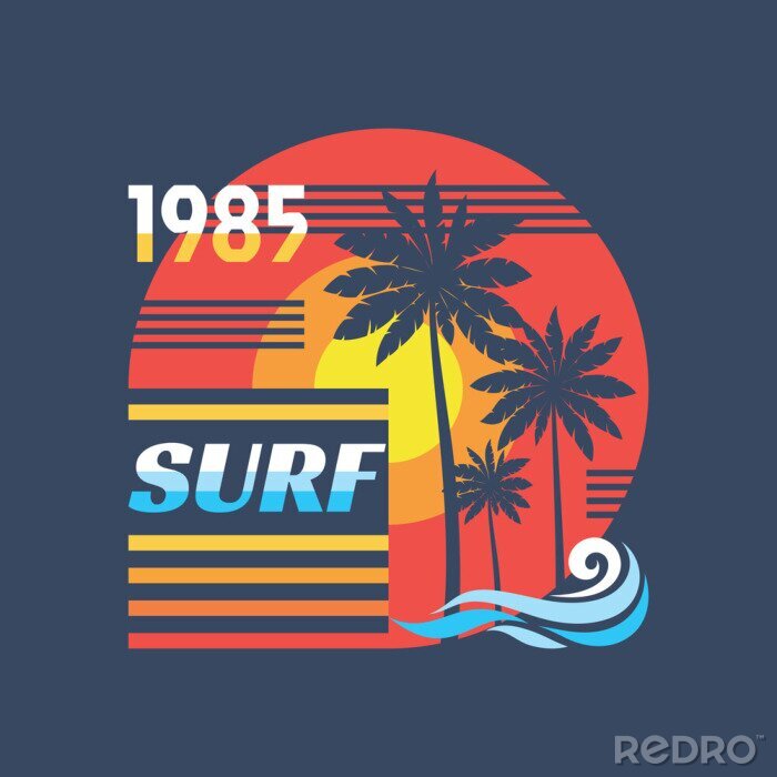 Sticker Surf - vector illustratie concept in vintage grafische stijl voor t-shirt en andere printproductie. Palmen, zon. Badge logo ontwerp. Jaren 80 stijl retro Californië strand.