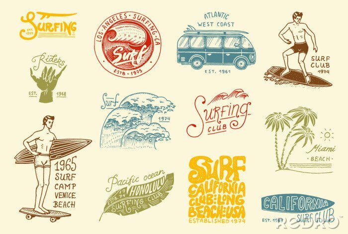 Sticker Surfbadge en golf, palmboom en oceaan. tropen en Californië. man op de surfplank, zomer op het strand en de zee. gegraveerde embleem hand getrokken. Banner of poster. sporten op Hawaii.