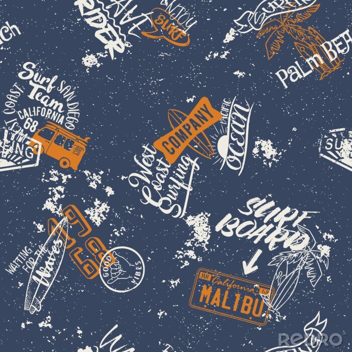 Sticker Surfen West Coast naadloze patroon, abstract vector behang voor stof shirt grunge effect in afzonderlijke laag