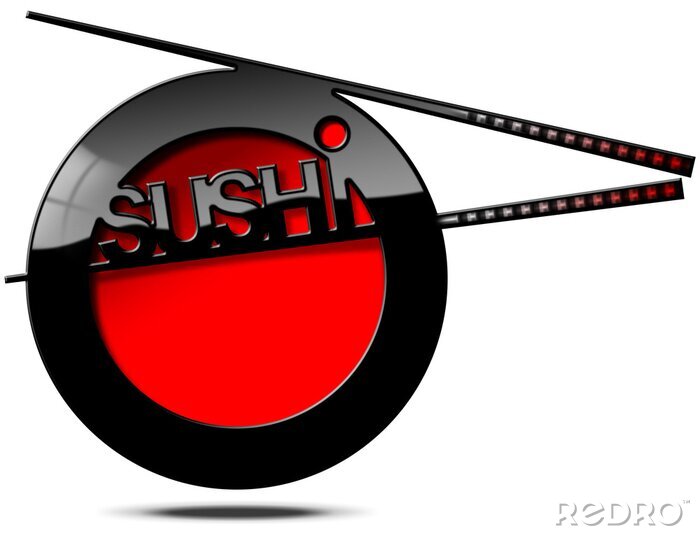 Sticker Sushi Menu - Banner met Chopsticks / rode en zwarte banner met stokjes en tekst sushi. Sjabloon voor een sushi menu op een witte achtergrond