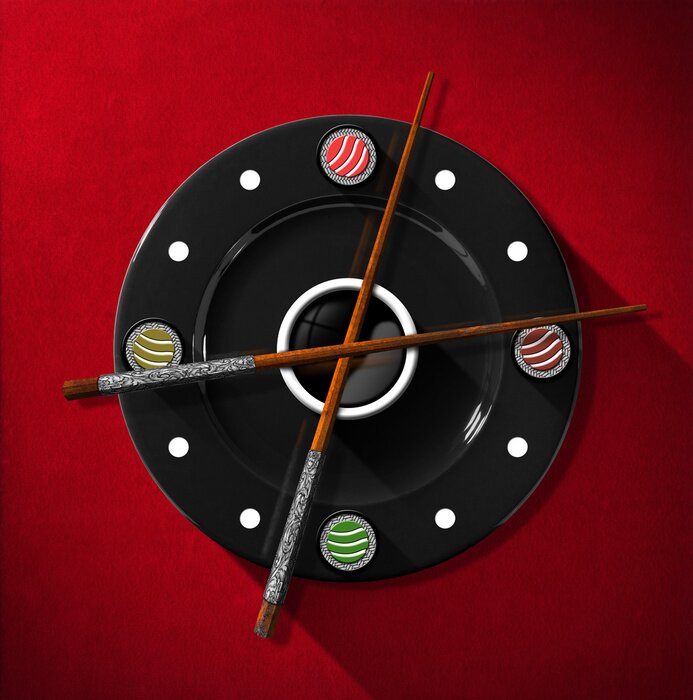 Sticker Sushi Time Concept - Klok / Clock samengesteld door een zwarte plaat met houten eetstokjes en zilver op de plaats van de klok handen en vier sushi broodjes. Op een rood fluweel achtergrond