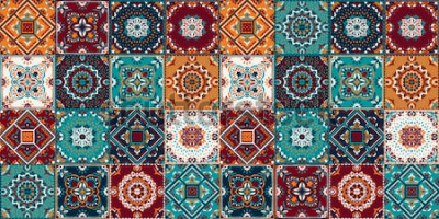 Sticker Talavera-Patroon. Indiase patchwork. Azulejos Portugal. Turken sieraad. Marokkaans tegelmozaïek. Keramisch servies, folk print. Spaans aardewerk. Etnische achtergrond. Mediterrane naadloze achtergrond
