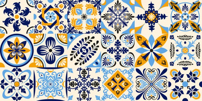 Sticker Talavera pattern. Indian patchwork. Azulejos portugal. Turkish ornament. Moroccan tile mosaic. Ceramic tableware, folk print. Spanish pottery. Ethnic background. Mediterranean seamless wallpaper.