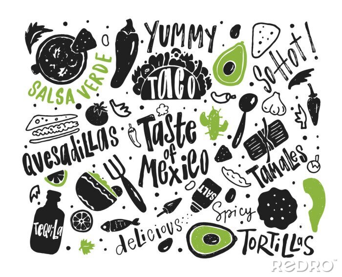 Sticker Taste of Mexico. Hand getekend illustratie en belettering met verschillende Mexicaanse gerechten